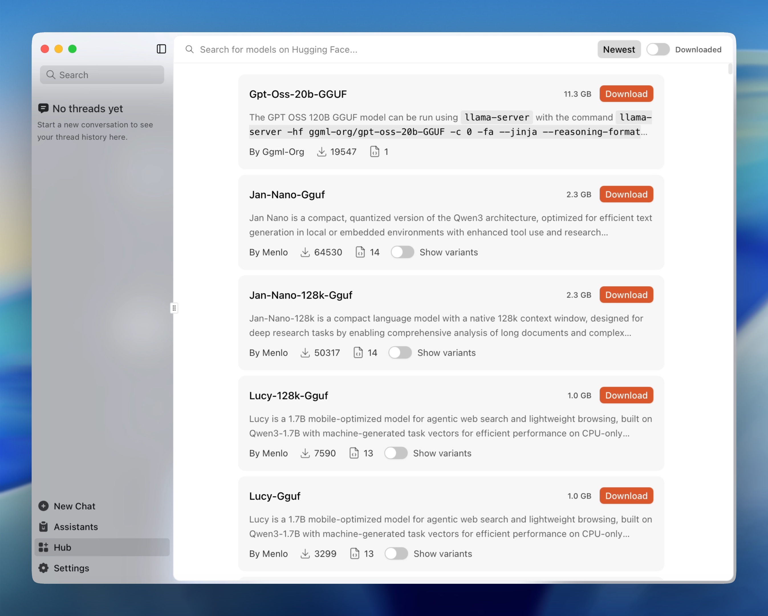 Jan Hub showing gpt-oss model in the hub