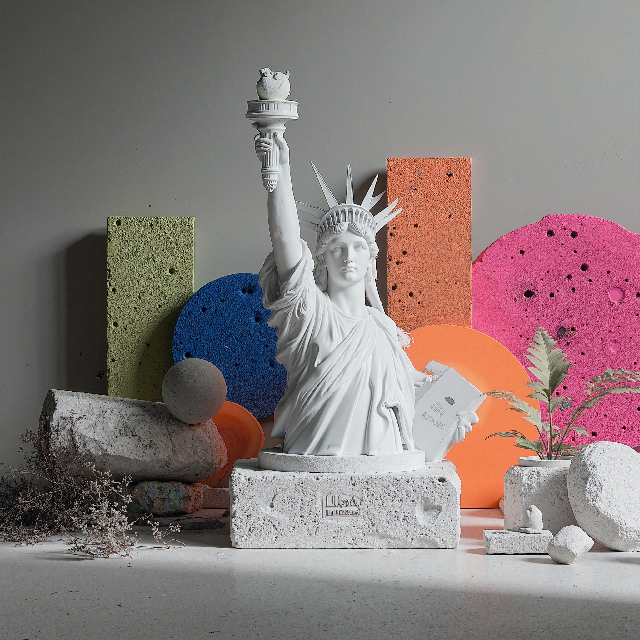 Hero layout mock showing manifesto block beside art